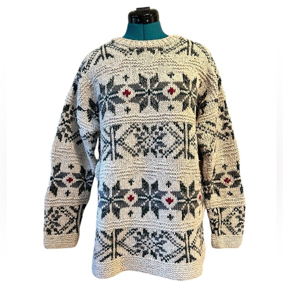 Vintage Limited Handknit Fisherman Tan/Green Fair Isle Wool Silk Sweater L - Picture 1 of 7